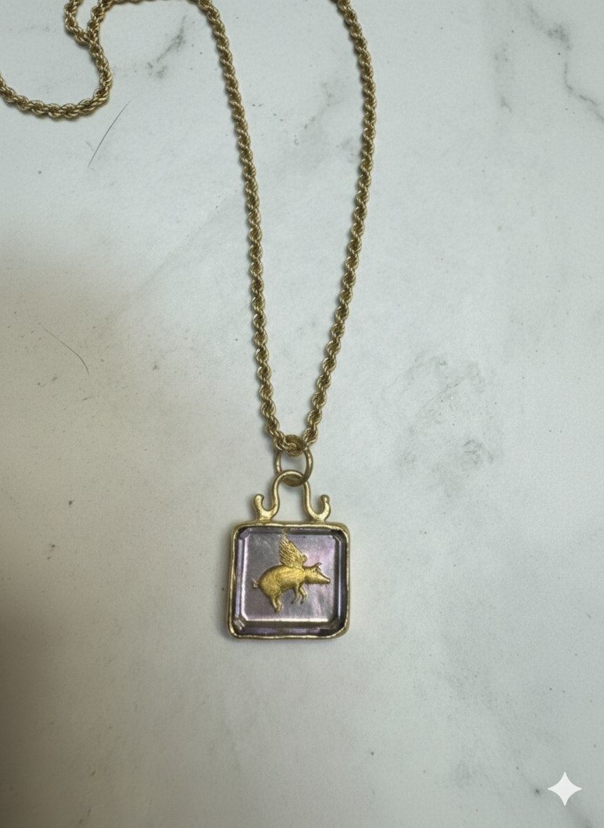 18k Hand Crafted Carved Pig Pendant