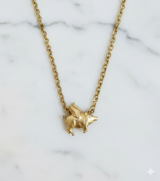 18K Yellow Gold Flying Pig Pendant with Gold Tail and Diamond Eye