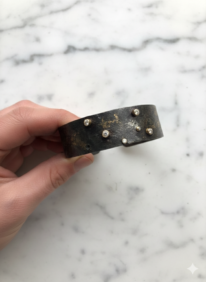 Handmade with Steel Bracelet hammered with diamonds