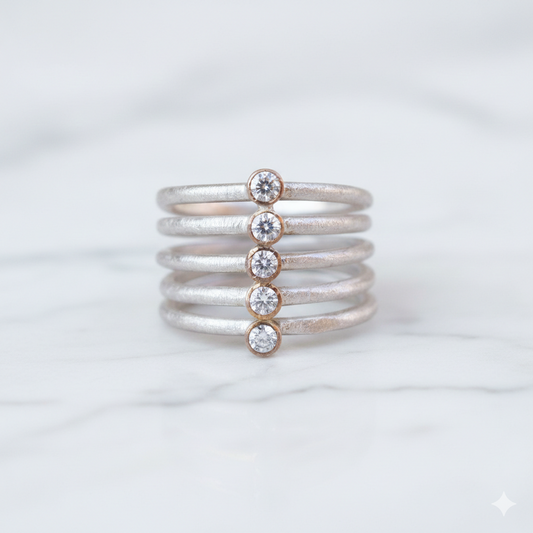 Handmade Five Sterling Silver Satin Band Silver 2mm Diamond Band/Ring