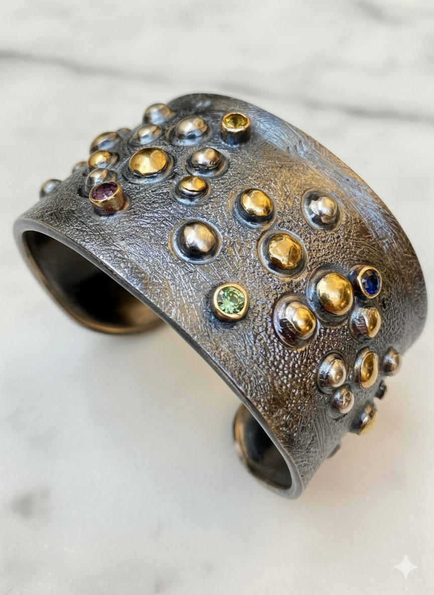 Silver Chasing and Repousse' Cuff/Bracelet with Cabochon Stones and 18k Accents